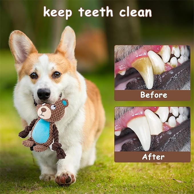 Plush Dog Chew Toys,Squeaky Dog Toys for Aggressive Chewers, Stuffed Animals Dog Toys for Small Medium Large Dogs to Keep Them Busy Puppy Teething Toys（Bear）