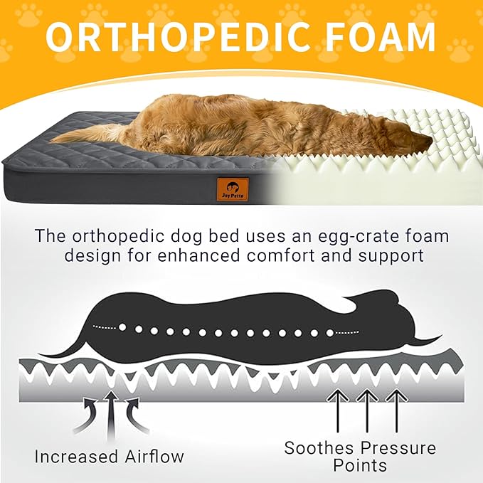 Cozy Dog Bed for XXL Large Sized Dogs - Orthopedic Egg Crate Foam Pet Bed with Waterproof & Machine Washable & Non-Slip Bottom, Ideal for Crate and Indoor Use, 47x29 Inch, up to 100 lbs, Dark Grey