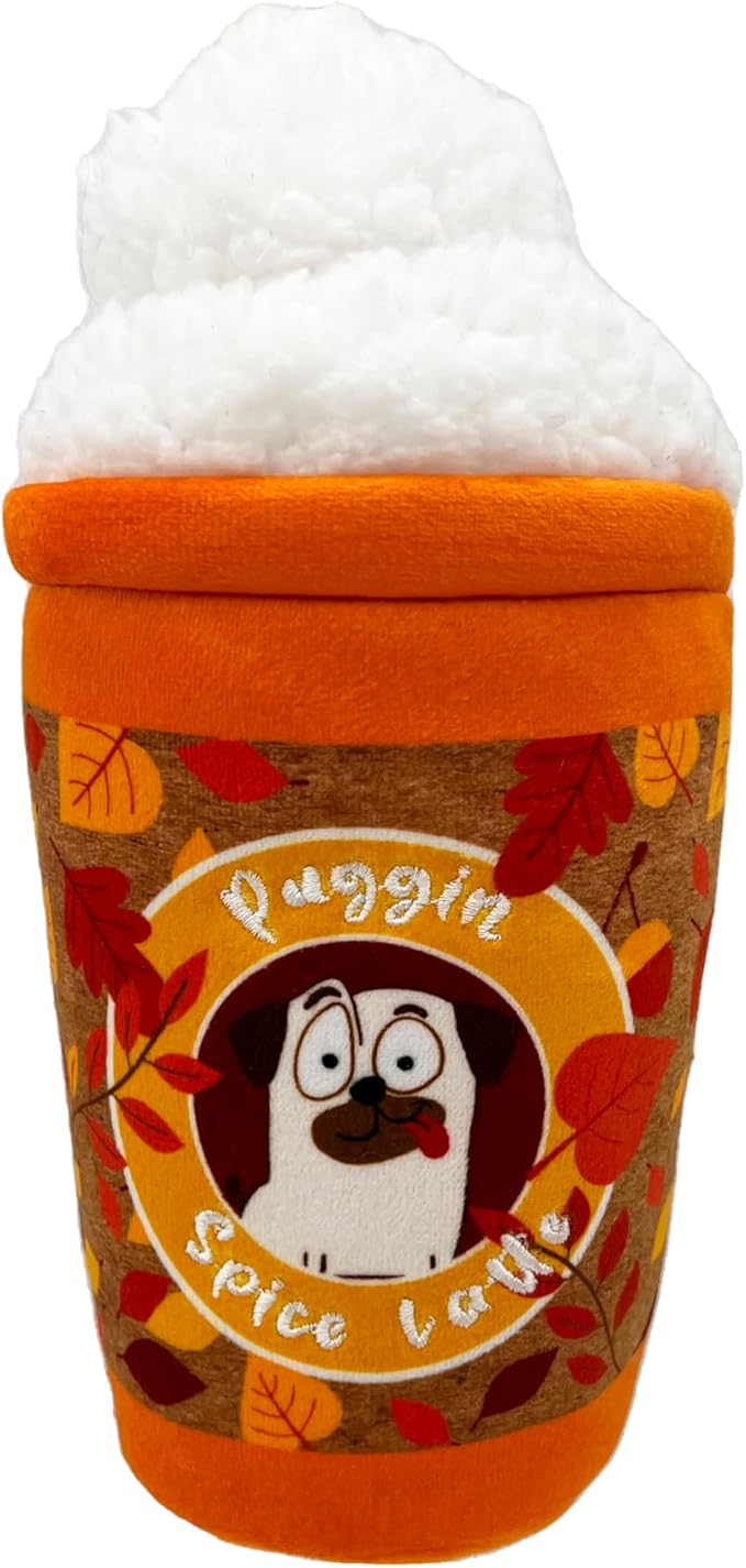 Huxley & Kent Funny Dog Toy w/Squeaker – Fall Power Plush Squeaky Dog Toys for Small, Medium & Large Dogs – Soft Stuffed Animal for Indoor Play & Fetch - Puggin Spice Latte, Small