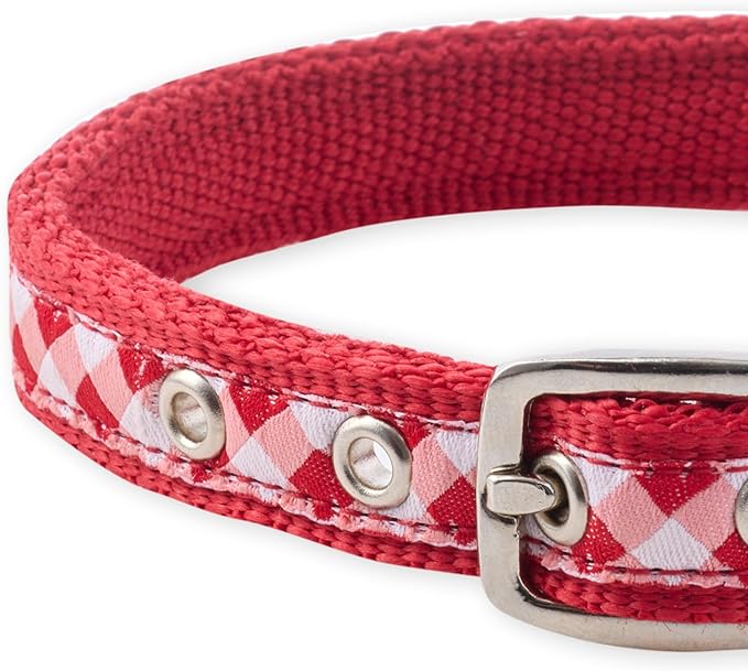 Adjustable Recycled Ribbon Dog Collar for All Pet Breeds, Red Buffalo Plaid, Small