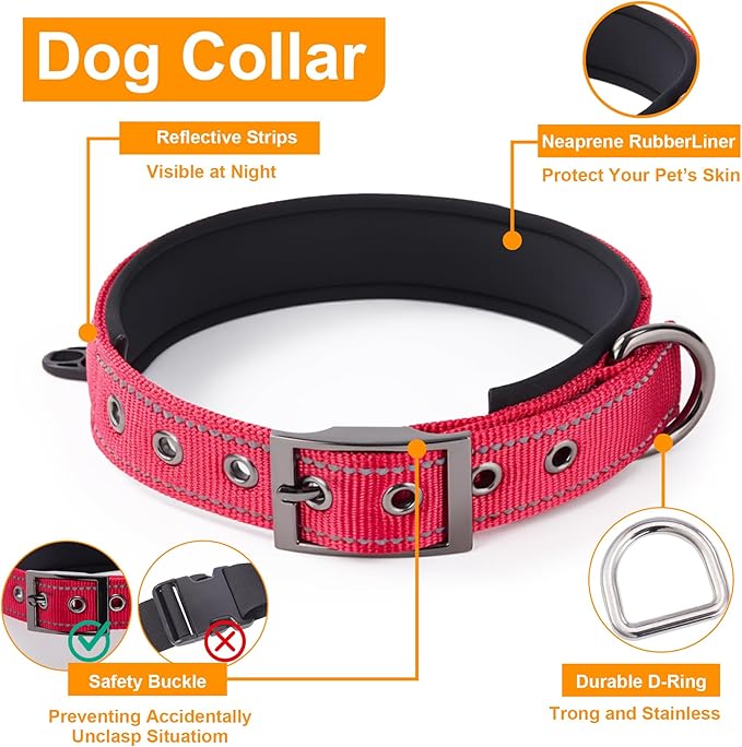 Annchwool Adjustable Dog Collar and 5 FT Leash Set with Heavy Duty Metal Buckle–Comfortable Lining Reflective Collar & Dual-Handles for Small Medium Large Dogs Walking,Running(Red Set,M:17''-23'')
