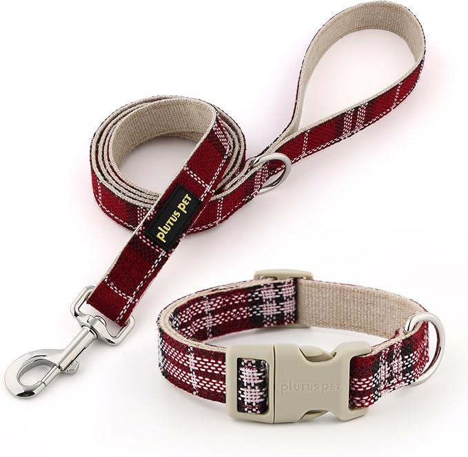 Plutus Pet Cotton Hemp Dog Collar and Leash Set, Adjustable Collar for Small, Medium, and Large Dogs, Heavy Duty and Soft on Skin, Red Plaid, S