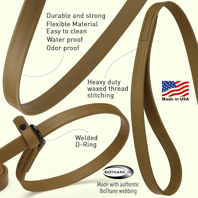 Dogline Biothane Slip Dog Leash - for Small, Medium and Large Dogs - Odor Free Slip Lead, Heavy Duty and Durable Material Kennel Lead - Coyote Brown - 5ft L x 5/8in W