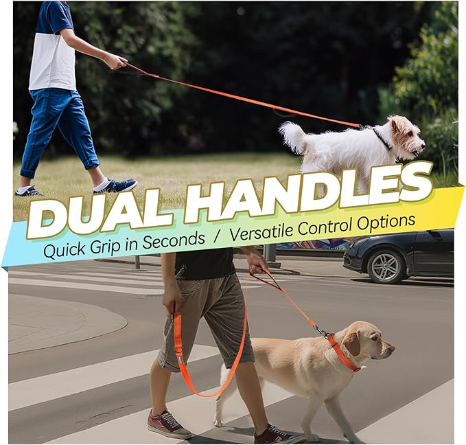 VIVAGLORY Twingrip Dog Leash, Double Handle Dog Leash for Training & Walking with Traffic Handle & 2 Loop, Traffic Control Reflective Heavy Duty for Puppy Pet, 5ft x 1/2in, Orange
