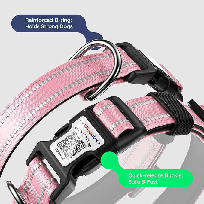 Airtag Dog Collar, Reflective Ultra-Durable Nylon Padded with QR Code Buckle & IP68 Waterproof Air Tag Holder Compatible for Apple AirTag, Comfortable for Small Medium Large Dogs(Pink,M)