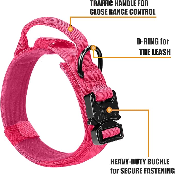 Tactical Military Collar - Adjustable Nylon, Heavy Duty Metal Buckle with Handle for Dog Training, with Patches (Pink, L)