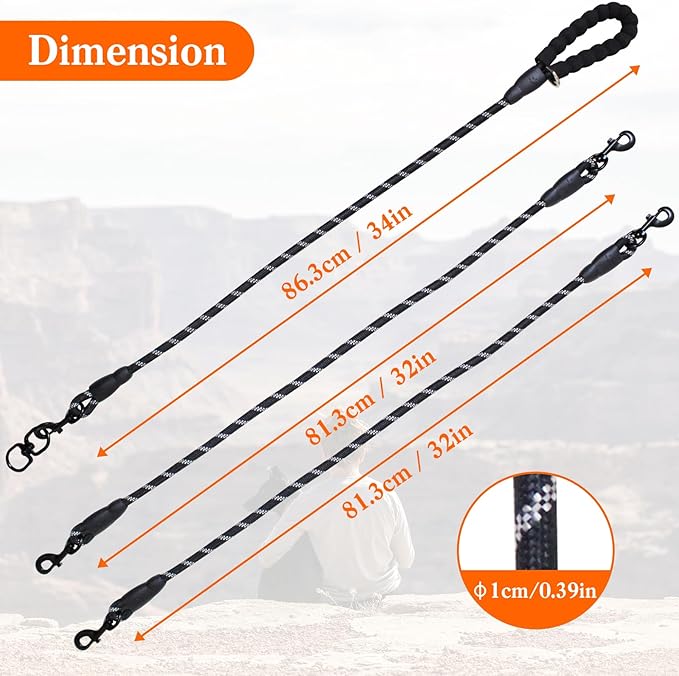 Two Dog Leash No Tangle Triple for 2 Dogs,360 Swivel No Tangle Walking Leash for 2 Dogs with Reflective for Large Medium Small Dogs (Black, 2 Way)