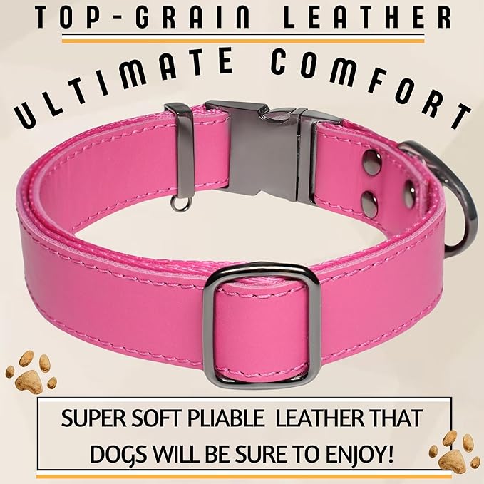 ADITYNA Pink Leather Dog Collar with Metal Buckle - Heavy-Duty, Adjustable for Medium & Large Girl Dogs (Pink, Fits 15-21" Necks)