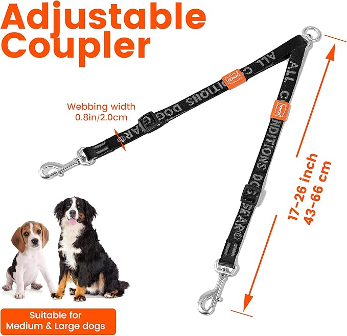 HOWGO Double Dog Leash, No Tangle 360° Swivel, Adjustable Two Padded Handles, Double Clip Dog Leash Coupler Splitter for 30~150 lbs Large and Medium Breeds (Orange, 4/5'' x 0.9 FT, Ultralight)