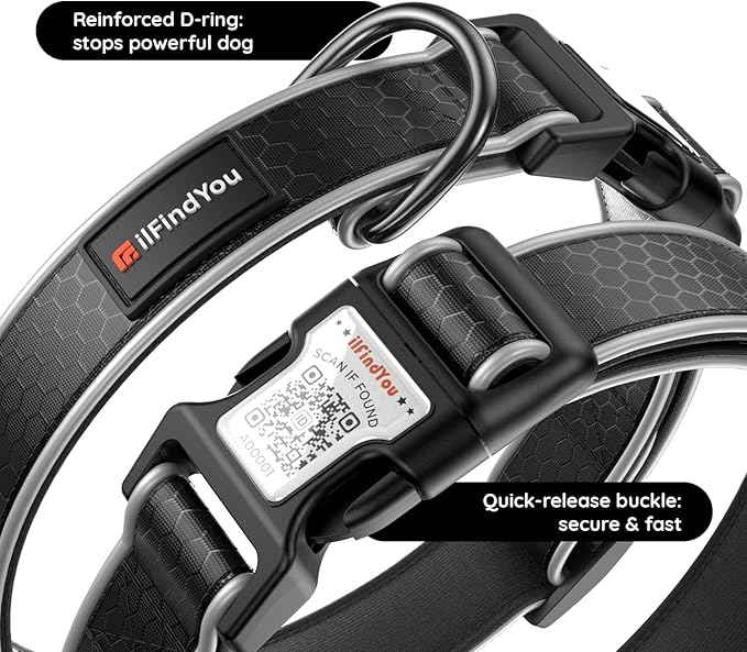 Reflective Dog Collar with QR Code Tag, Personalized Dog Collar, Safety Night Visibility, Anti-Loss Function (Black-02, Small)