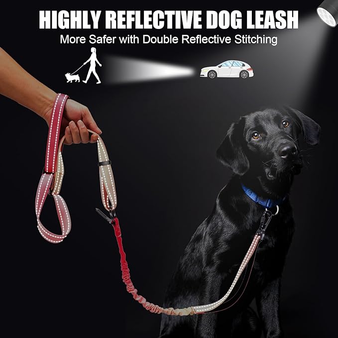 Heavy Duty Hands Free Dog Leash, 4-6 FT Reflective Adjustable Waist Dog Leash Belt with Padded Handles, Shock Absorbing Bungee and Car Seat Belt for Large Medium Dogs (Gradient Rose, L)