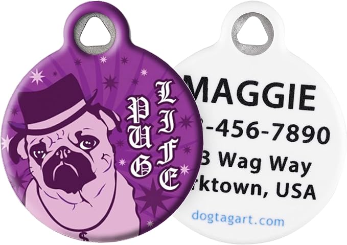 Dog Tag Art Pug Life Personalized Pet ID Tag for Dogs, Silent Polymer Coated Stainless Steel Nametag - Large 1.25" Diameter