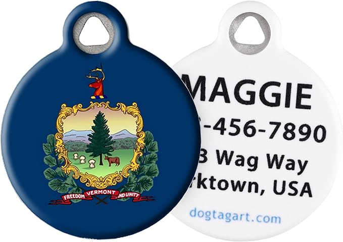 Dog Tag Art Vermont Flag Personalized Pet ID Tag for Dogs and Cats, Silent Polymer Coated Stainless Steel Vermonter Flag Nametag with Customized Identification Information - Small .875" Diameter