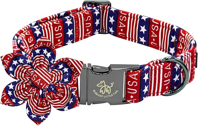 Elegant little tail Independence Dog Collar, Patriotic Pet Collar with Flower American 4th of July Pet Gift Cotton Soft Boy Girl Adjustable Collars for Medium Dogs