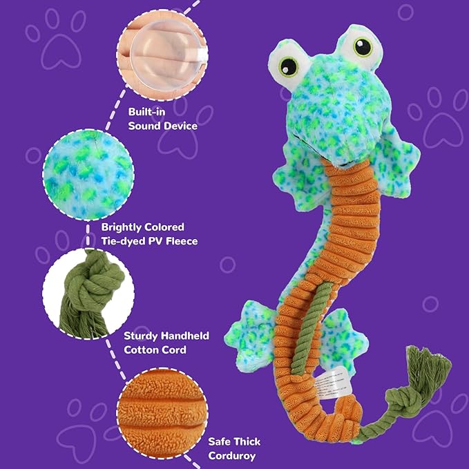 Crinkle Dog Toys Squeaky Plush No Stuffing Cute Puppy Stuffless Tough Rop Pull Toy, Fun Dog Stuffed Animals Durable Chew Set for Small Medium Large Pup (Large, Lizard)