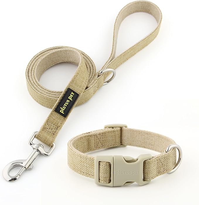 Plutus Pet Cotton Hemp Dog Collar and Leash Set, Adjustable Collar for Small, Medium, and Large Dogs, Heavy Duty and Soft on Skin, Khaki, M