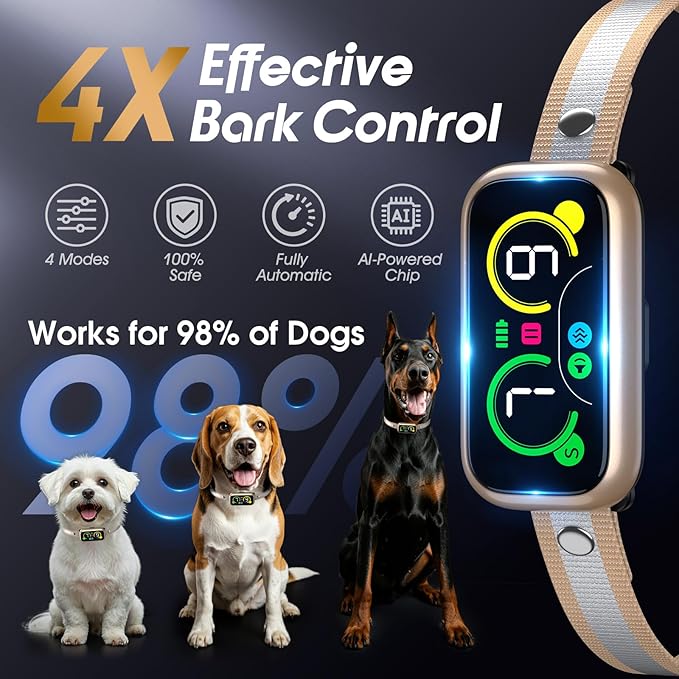 Dog Bark Collar Pro, Instant Bark Solution, Smart Anti Barking Device with 4 Correction Modes, Fast-Acting Barking Collar for for Large Medium Small Dogs 5-150lbs, Ideal for Home & Outdoor Use