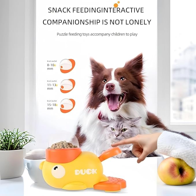 Interactive Dog Treat Dispenser Toy, Duck Shape Puzzle Feeder with Press Button and Rotating Design, Yellow and Orange, Slow Feeding Game for Dogs and Cats
