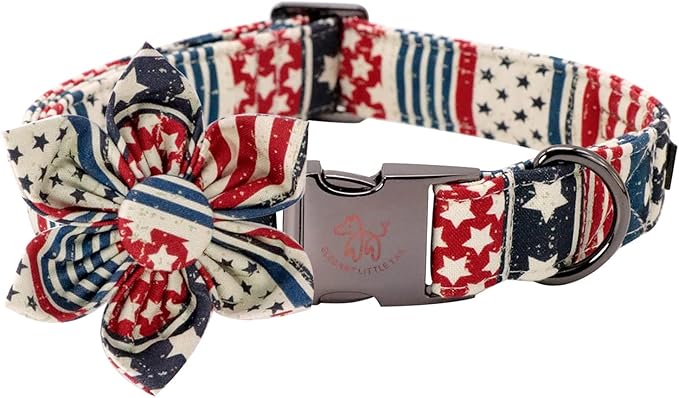 Elegant Tail US Flag Dog Collar - Cute Detachable Flower Collar, Adjustable for X-Large Dogs