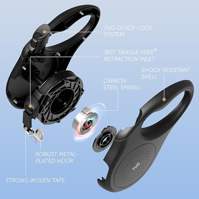 TUG Quest Retractable Dog Leash | 360° Tangle-Free Retraction | 16 ft Strong Nylon Tape (Small, Black)