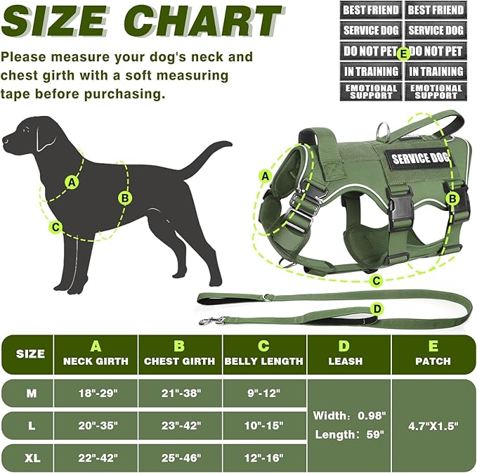 Service Dog in Training Vest and Leash Set with 10 Patches,Heavy Duty Tactical Dog Harness with Metal Buckles for Medium Sized Dogs,No Pull Easy Walking for Training Working Hiking,Green M