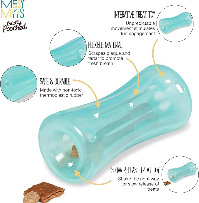 Messy Mutts Totally Pooched Stuff’n Shake Barrel | 6” Foam Rubber Puzzle Toy for Dogs | 2-in-1 Interactive Toy and Tooth Cleaner