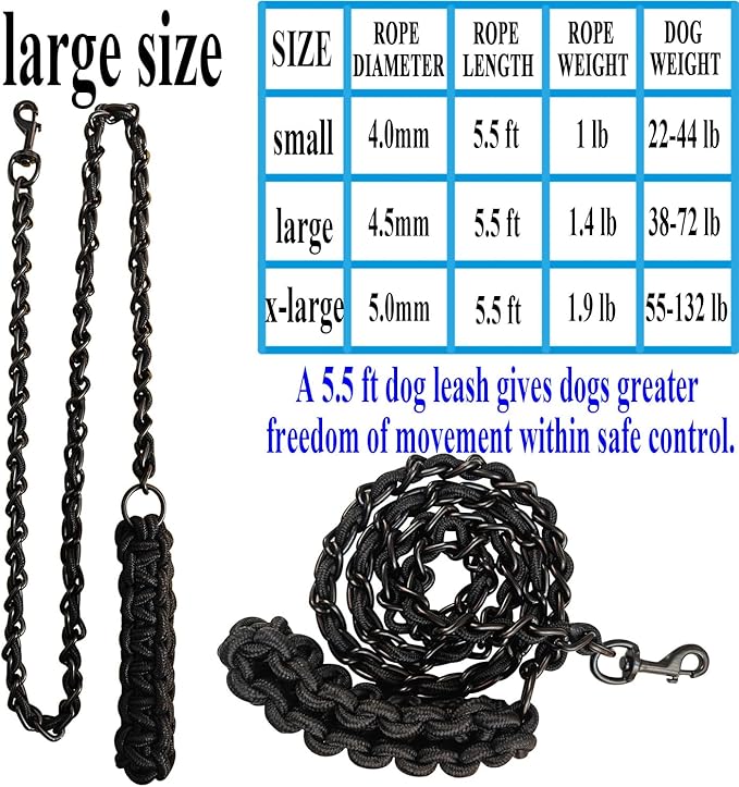 Dog Leash Leads Chain Rope Metal with Pet Collar Training Walking Heavy Duty Anti Bite 360 Hook for Medium and Large Dogs Black (Large)