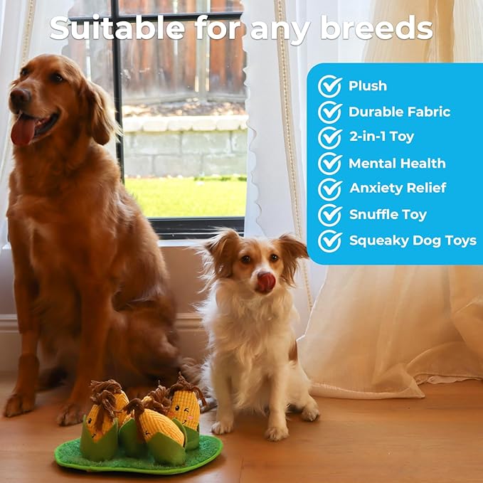 Dog Toys Plush with Squeaky & Treat Hiding Features - Mental Stimulation Enrichment Toy for Large Breed Dogs - Machine Washable Slow Feeder to Keep Dogs Busy，Corn Maze