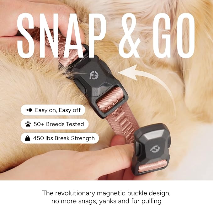 2026 New Edition, Fei & Eve MagEase Dog Collar - Patented Magnetic Buckles | Fur-Safe | Premium 210D Nylon | 450LB Escape-Proof | Adjustable Fit | Medium (Blush)