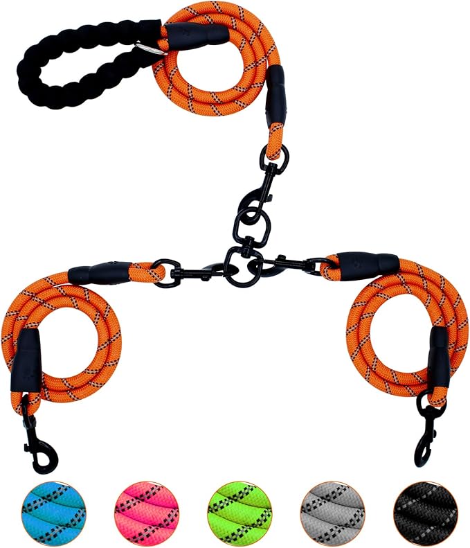 Dual Dog Leash - 2 Way, 360 Swivel No-Tangle Walking Leash for Dual Dogs, Orange Reflective Double Leash