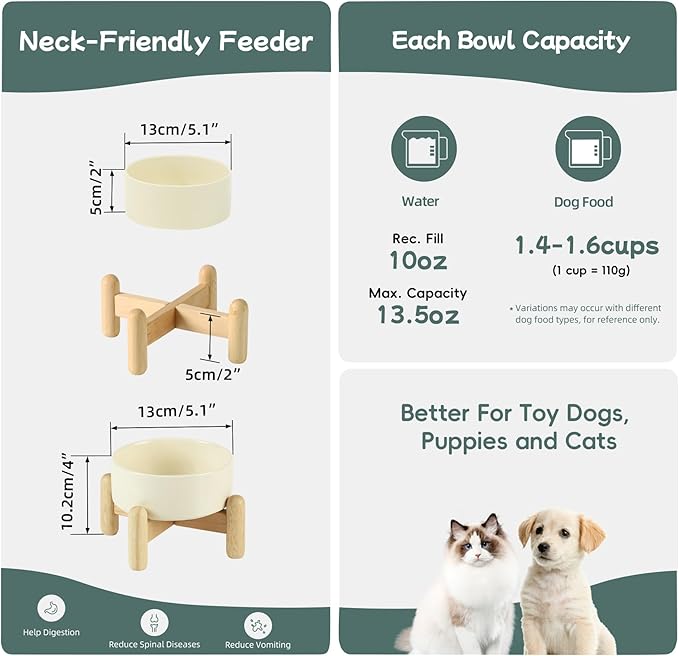 Ceramic 5.1inch Raised Dog and Cat Bowl Set, Elevated with Wooden Stand, Food and Water Bowl for Small Breed Dogs, Cats, Kitty, Weighted Dog Dishes, Pet Bowls(13.5oz, Beige)