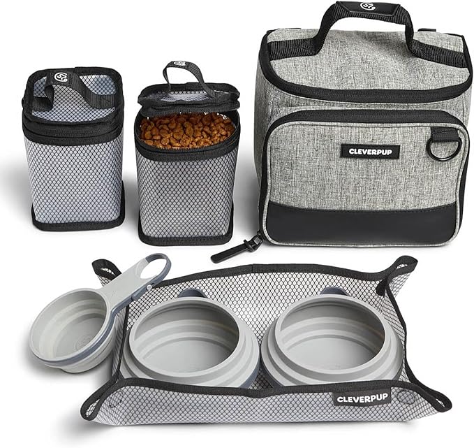 Cleverpup, Small 7-Piece Bistro Box Dog Food Travel Kit, 6-Cup BPA-Free Kibble Storage, 2 Silicone Bowls, Mat & Scoop - Portable Pet Food Kit for Weekends, Overnights, Daycare & Camping, Heather Grey