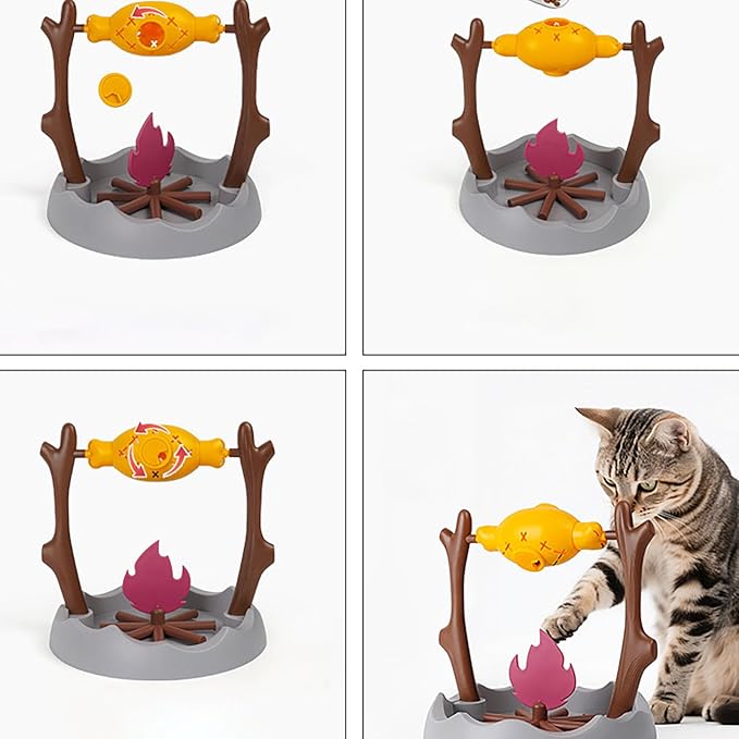 Cat Treat Dispenser, Pets Dry Foods Dispenser, Cats Campfire Treat Slow Feeder, Unique Rotatable Roast and Flame, Interactive Slow Food Puzzle Feeder for Indoor Cats and Dogs