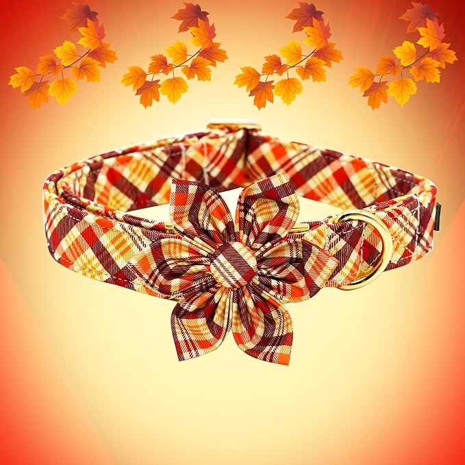 Little Tail Elegant Plaid Dog Collar with Flowers - Soft & Durable for X-Large Dogs