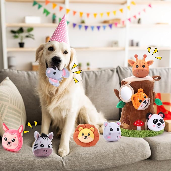 13 Pcs Hide and Seek Dog Toys Activity Puppy Chew Squeaky Animal Plush Woodland Toys with Crinkle Treehouse Interactive Pet Stuffed Gift with Squeakers for Small Medium Pets Dogs Puppy
