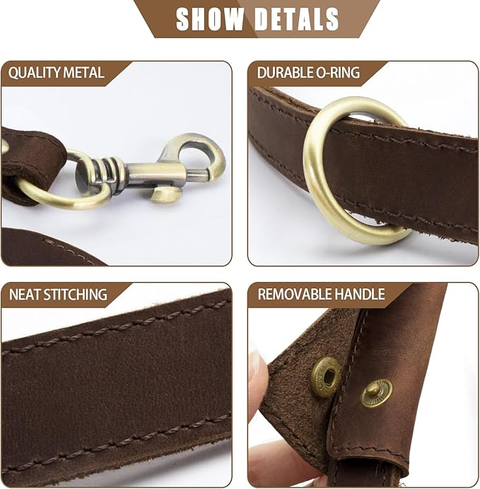 Jack&Chris Leather Dog Leash, Durable Dog Leashes for Large Dogs Heavy Duty with Comfortable Padded Handle for Small Medium Large Breed Puppies, Slip Leads for Dogs for Walking Running, Red Brown