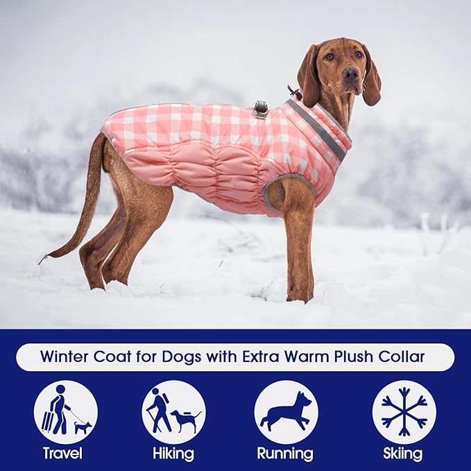FUAMEY Dog Coat for Large Dogs,Waterproof Dog Winter Jacket with Harness Built in Puppy Cold Weather Coats Reflective Pet Vest with Zipper Warm Fleece Dogs Snowsuit Windproof Pink Plaid L