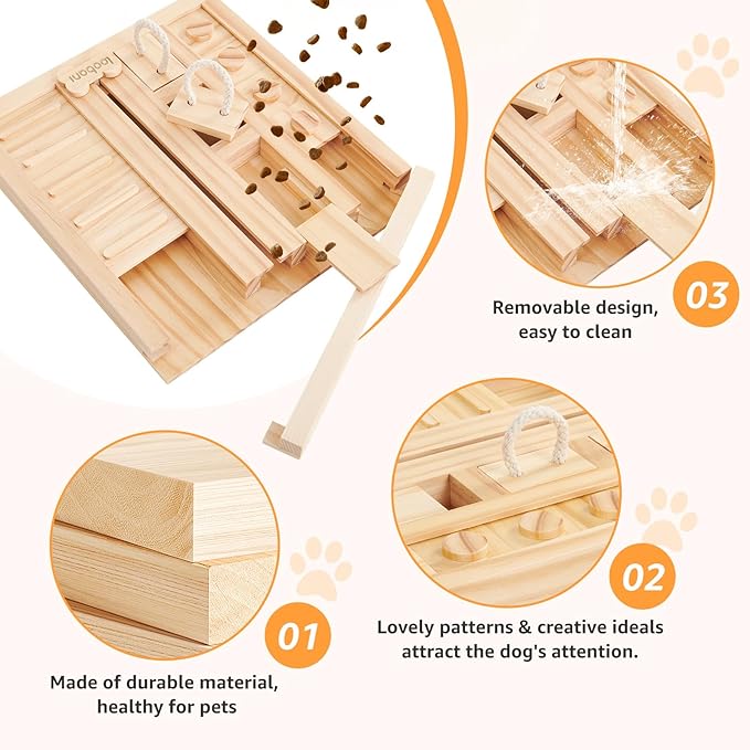 LOOBANI Dog Puzzle Toys Wooden: Slow Feeder Interactive Toys - Mental Brain Stimulation, Treat Dispensing & Entertainment/Food Slow Feeder for Small to Large Dogs - Square Slide Puzzle Toy