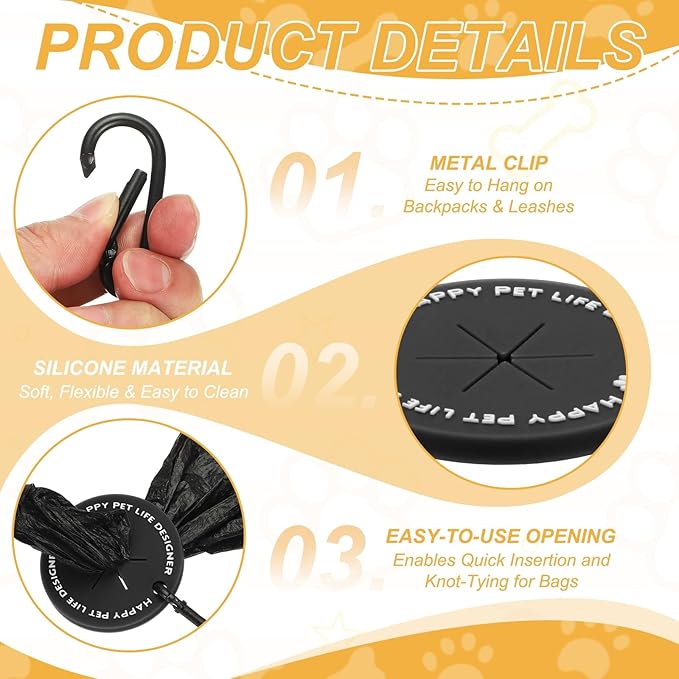 Dog Poop Bag Clip, Dog Poop Bag Holder Round for Dispenser Carrier Hands-Free Lightweight Durable PVC, (Black, 5 Pcs), Intended for Leash/Pet Waste Bag