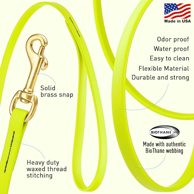 Viper Biothane K9 Working Dog Leash Waterproof Lead for Tracking Training Schutzhund Odor-Proof Long Line with Solid Brass Snap for Puppy Medium and Large Dogs, 20ft Safety Yellow