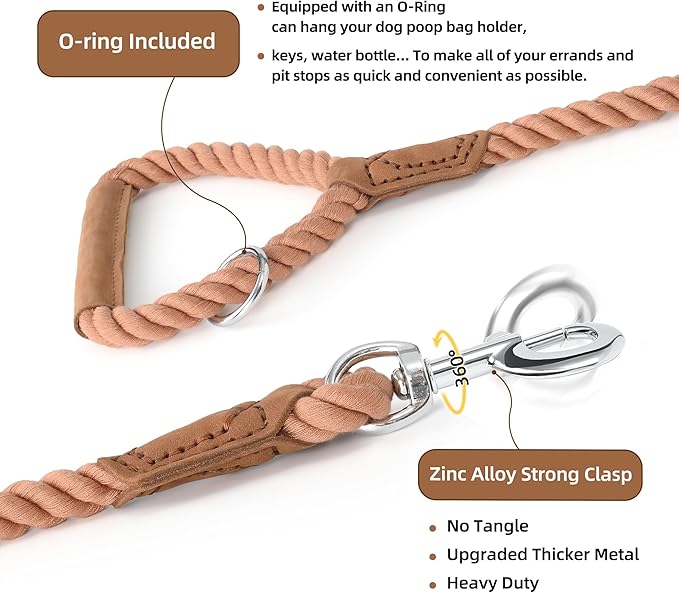 Mile High Life Dog Leash, Braided Cotton Rope Leashes with Leather Handle - Heavy Duty Metal Clasp, 5FT, 1/2" Thick - Wedding, Walking & Training Leash for Small Medium Large Dogs (Mocha Mousse)