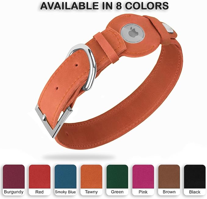 Leather Dog Collar with Airtag Holder - Apple Air Tag Dog Collars - Soft Tracking GPS Pet Collar for Small Medium Large Dogs Breed Puppy (Tawny, XL, 19"-24" Neck Fit)