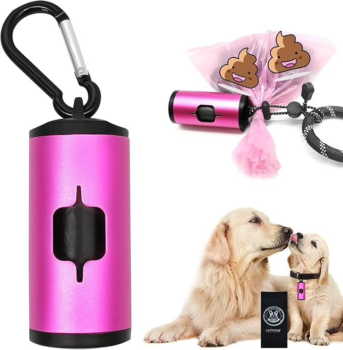 Aluminum Dog Poop Bags Holder with Carabiner Metal Pet Waste Bags Dispenser with Hook and Loop Fastener and Elastic Cord to Carry Used Bags (Pink, 1 Holder 15 Bags)