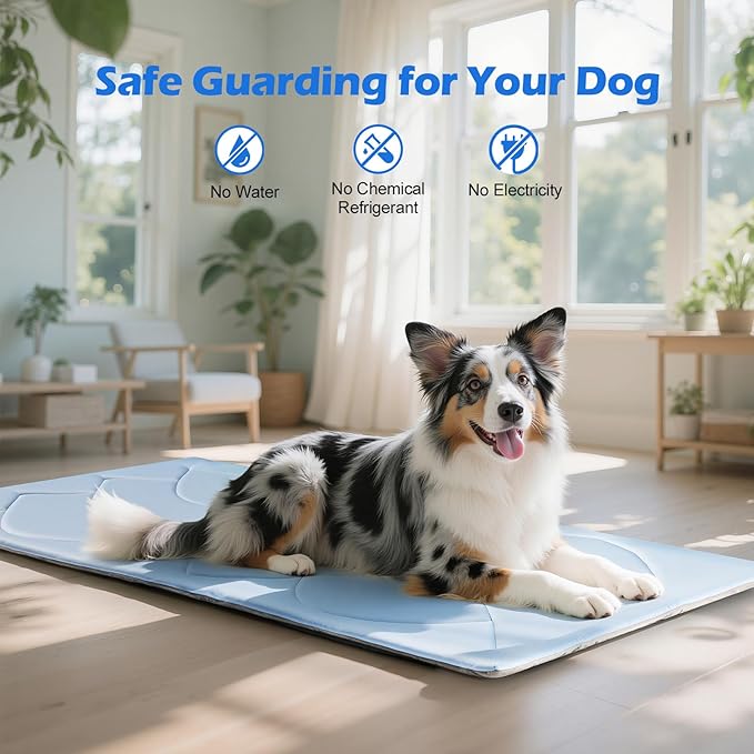 Dog Cooling Mat, 48'' × 28'' Large, Self-Cooling Mat for Dog Reversible (Cool & Warm), Double-Sided Pet Cool Pads for Crate, Kennel, Machine Washable Summer Blanket, Non-Gel, Blue + Grey