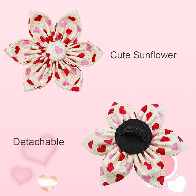 Elegant little tail Valentine's Dog Collar, Heart Dog Collar with Flower Cute Girl or Boy Pet Collars with Flower Puppy Gift Adjustable Pet Collars for X-Large Dogs