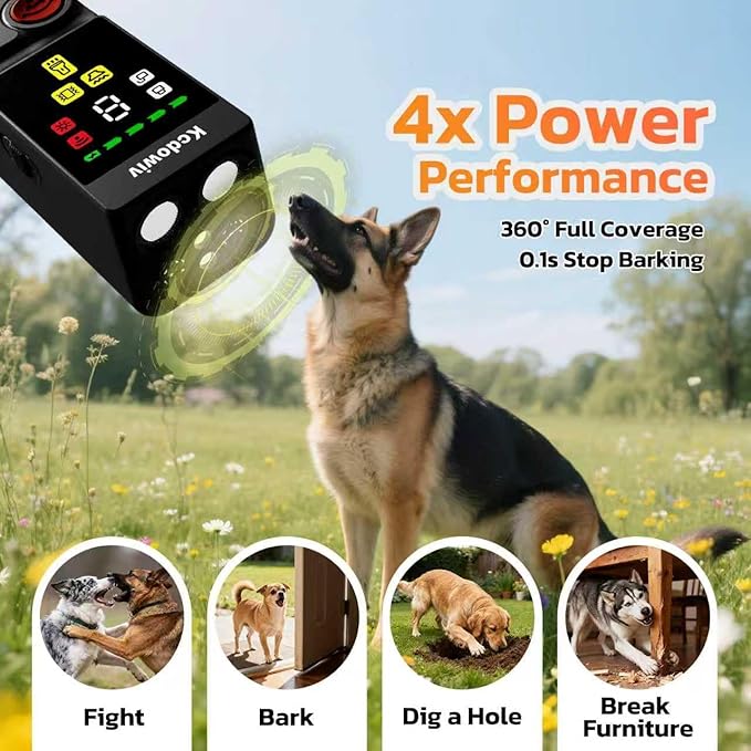 Dog Bark Deterrent Devices, Anti Barking Device for Dogs with Four Emitters, 59 ft Range, LED Flashlight, Rechargeable Handheld Trainer, Safe & Effective, Stop Neighbors Dog (Black)
