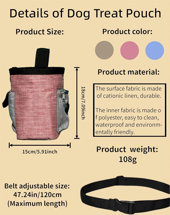 4-in-1 Dog Treat Pouch-3-Way Waterproof Cationic Linen Bag with Side Pockets & Compact Design Holds 3 Cups for Outdoor/Hiking with Poop Bag, Adjustable Belt & Silicone Flying Disc (Pink)