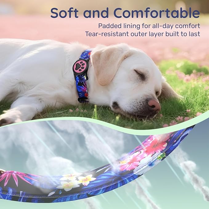 WhoseID Airtag Dog Collar,with Waterproof airtag Holder，Original Stylish Cute Pattern Design.QR Code ID Buckle，Comfortable Soft Cotton for Small Medium Large Dogs