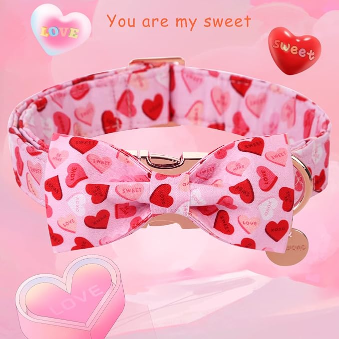 DOGWONG Valentine's Dog Collar with Bowtie - Pink Heart Adjustable Cotton Heart Dog Collar - Perfect for Small, Medium, Large Dogs
