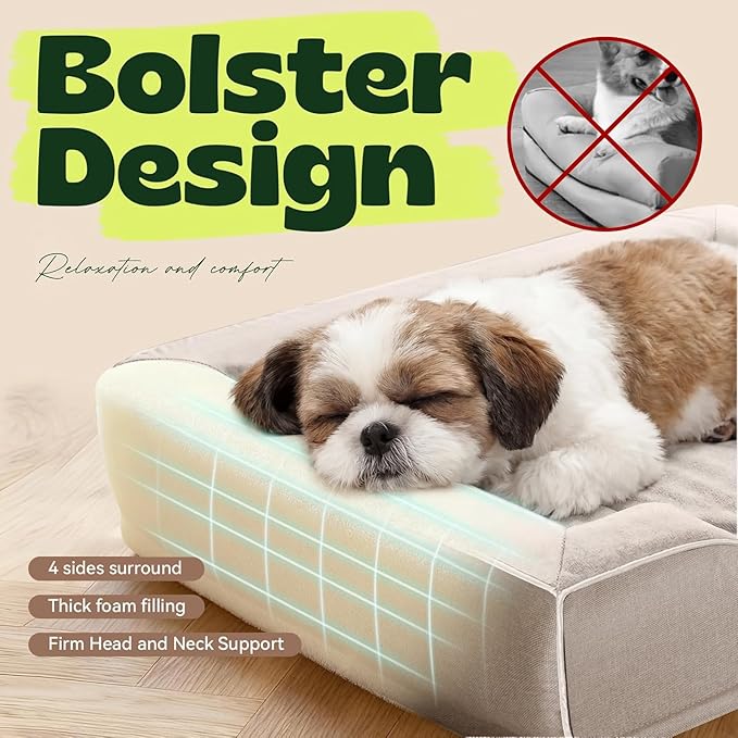 28 Inch Orthopedic Dog Couch Bed for Medium Dogs Up to 30 lbs,Cooling Gel Memory Foam + Egg Crate Foam,Waterproof Removable Washable Cover,4-Sided Bolster,Non-Slip Bottom,Beige